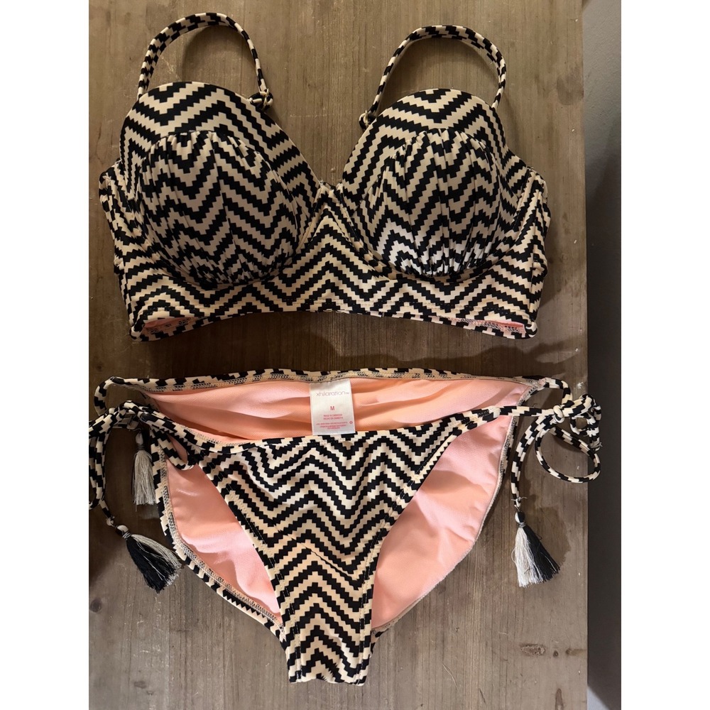 Xhilaration Chevron Bikini Set Black Cream Zig Zag Tassel Side Tie Medium